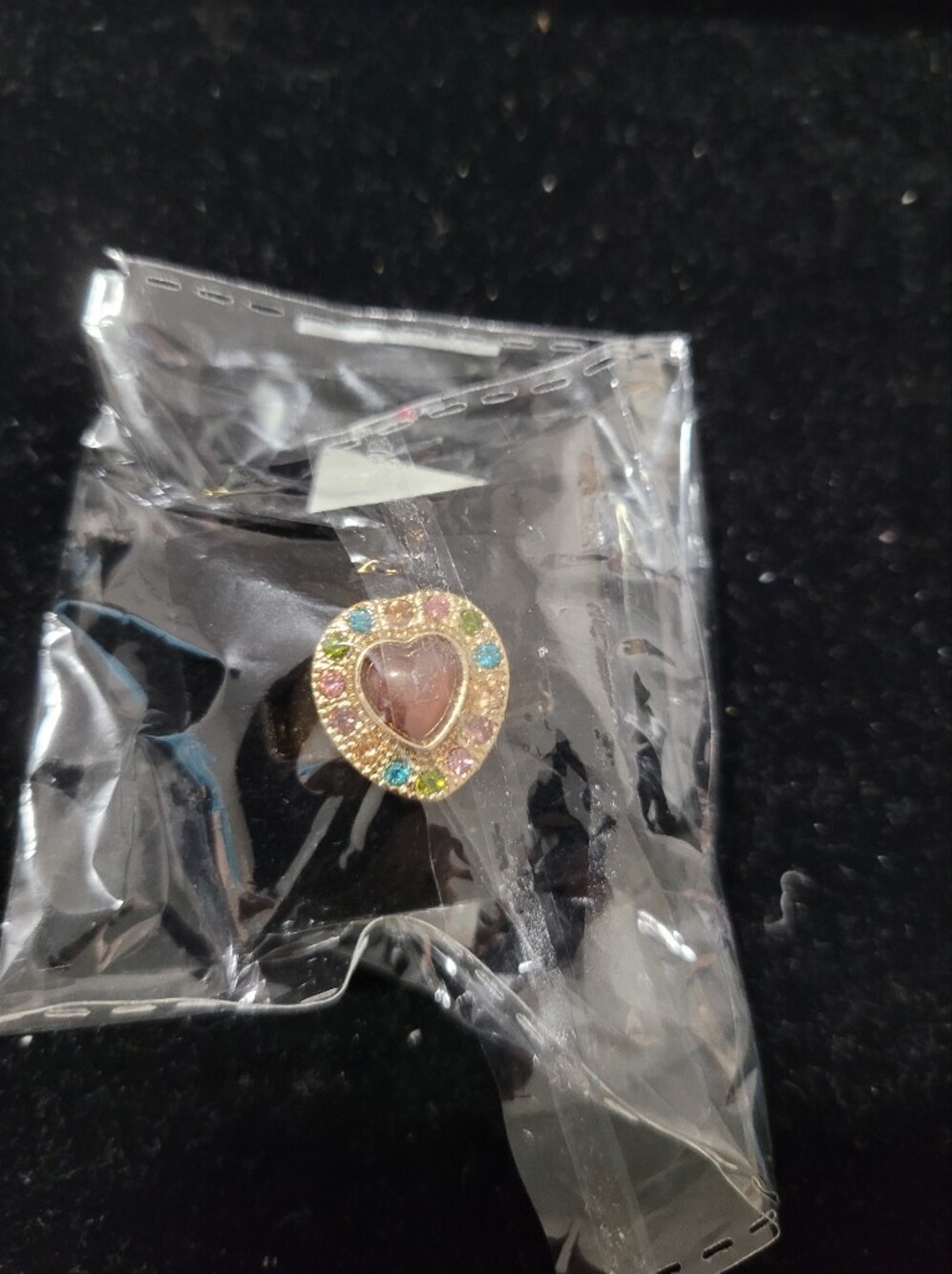 Gold-Tone Heart Ring with Pink Center and Multicolor Stones